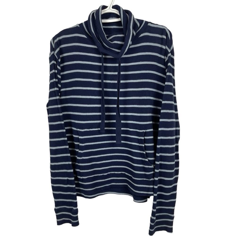 Pact Organic Women's Cowl Neck Waffle Knit Shirt Striped Kangaroo PocketS